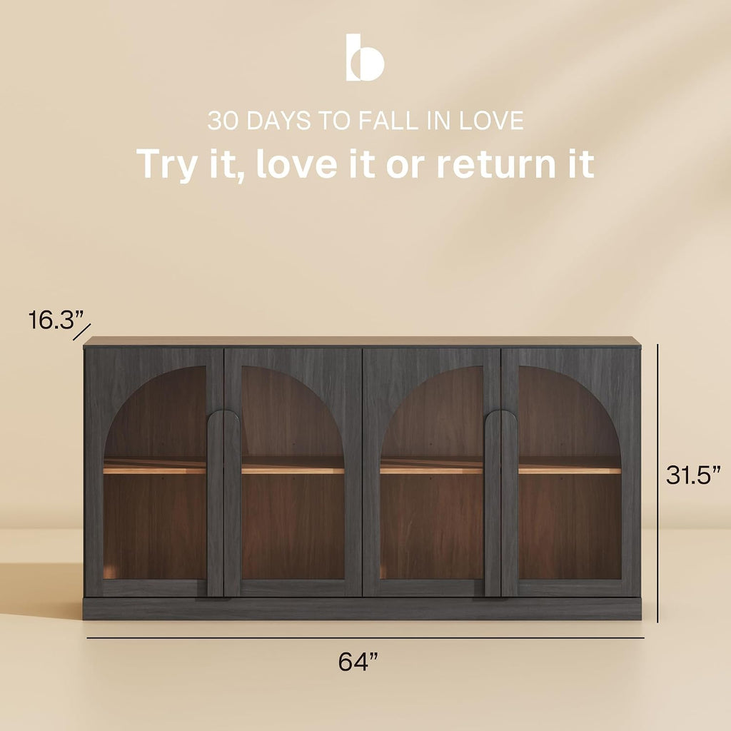 Bijou 64" Arched Glass Door Sideboard, Accent Buffet Cabinet with Storage and Adjustable Shelves, Classic Modern