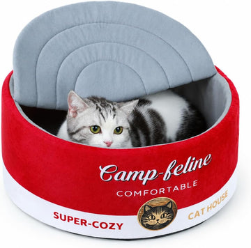 Enclosed Cat Bed for Indoor Cats & Kittens - Calming Cute Can-Shaped Covered Pet Cave with Removable Washable