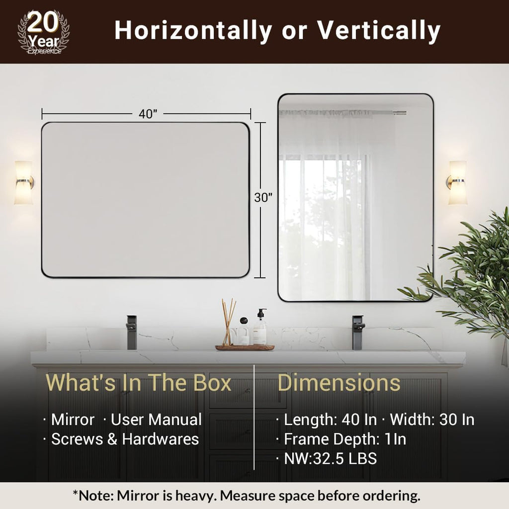 Wall Mirror, 30"x40" Black Bathroom Mirror, Modern Rounded Rectangle Metal Frame Mirror for Vanity, Matte Stainless