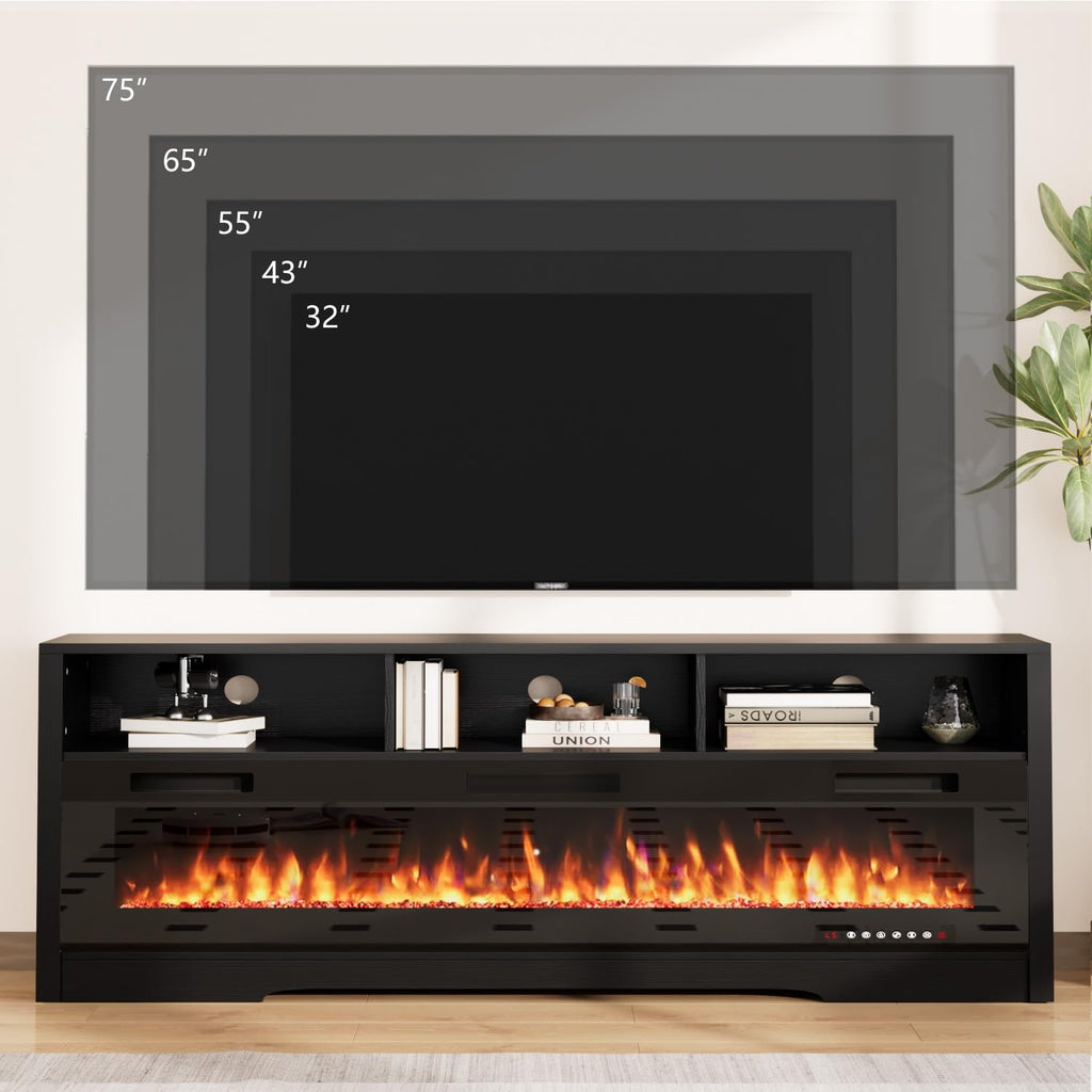 65" with 60" Electric Fireplace, Modern LED Entertainment Center for TVs Up to 75", Open Storage Media Console