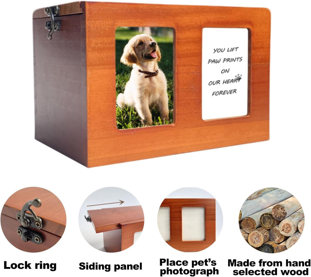 Pet Urns for Dog Cremation With Photo Frame - Wooden Box for Ashes, Cat Urns, Memory Box With Memorial Card