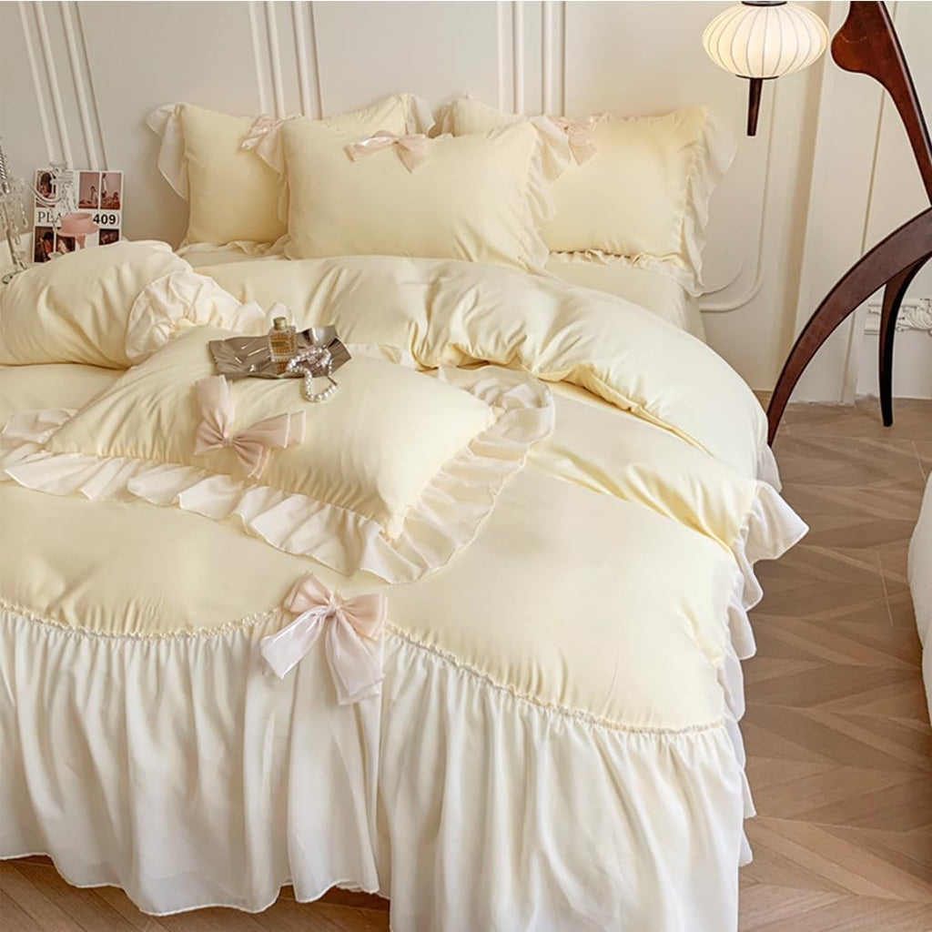 Ruffled Bedding Bow Duvet Cover Set with Butterfly Tie, Comforter Cover Set, Shabby Chic Bedding Set, Romantic
