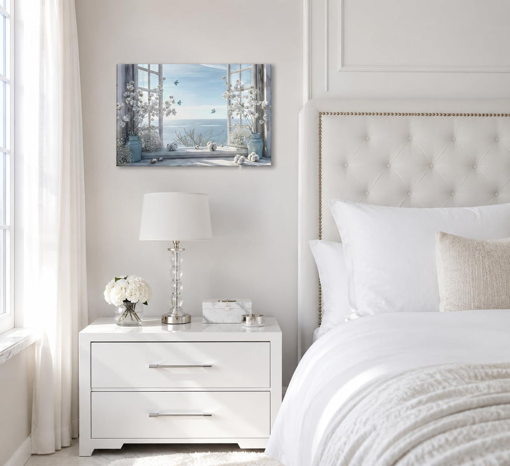 Coastal Flower Bathroom Canvas Wall Art Farmhouse Cotton Bouquet and Butterfly Bathroom on Window Wall Decor Rustic