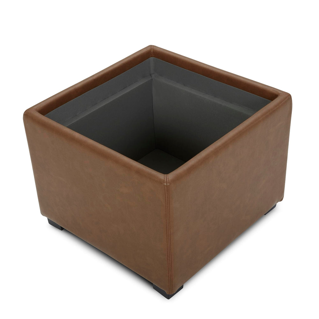 Storage Ottoman Cube with Tray Lid, Set of 2, Small Footstool with Storage, Square End Table, Faux Leather in Saddle