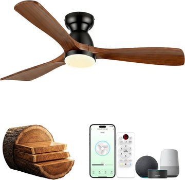 60 Inch Flush Mount Ceiling Fan with Light, Low Profile Smart Ceiling Fan with 3 Solid Walnut Wood Blades, Dimmable LED, Reversible Quiet DC Motor, Alexa App & Remote Control, Indoor Outdoor, Dark Walnut