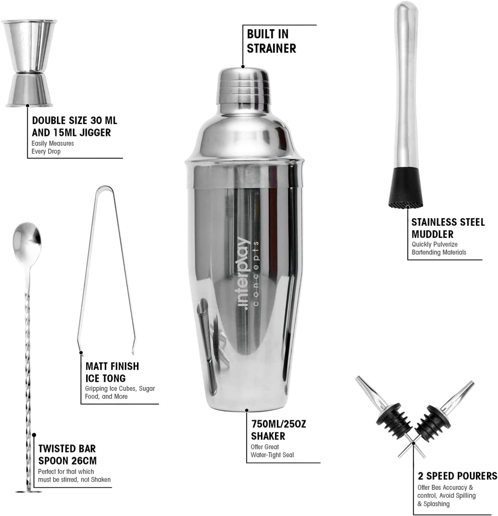 Cocktail Shaker Set, Stainless Steel Barware-Tool, Includes Jigger, Bar Spoon, Bottle Pourers, Tong, Strainer - Set of 8