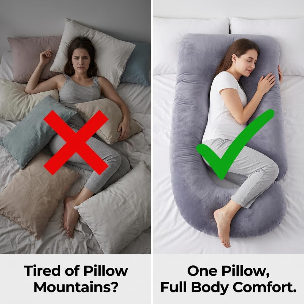 U-Shaped Full Body Pillow for Adults, Maternity Pillow with Washable Velvet Cover, Ergonomic Support for Back, Belly