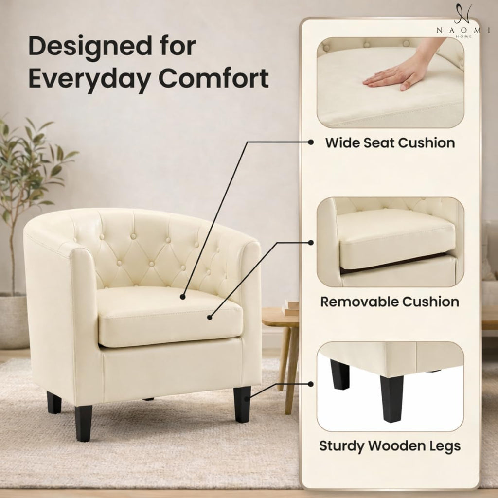 Emma Faux Leather Tufted Barrel Accent Chair - Cream
