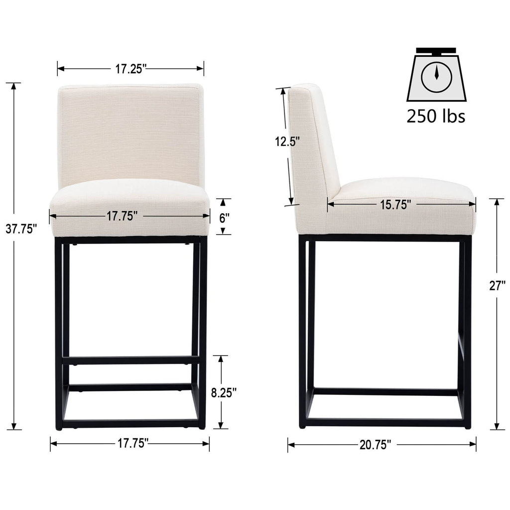 Linen 27 inches Counter Height Bar Stools with Padded Back, Modern Upholstered Counter Stool Chairs with Black Metal