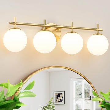 4-Light Bathroom Light Fixtures, Brushed Gold Vanity Lights with Milky White Glass Shade, Bathroom Lighting Fixtures