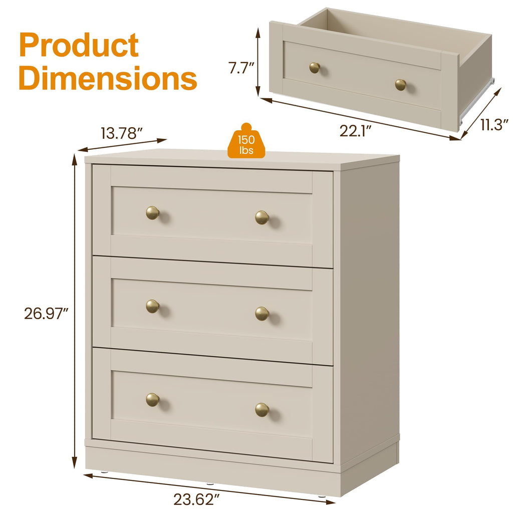 Small 3 Drawer, Beige, Wood Nightstand with Drawers, Modern Chest of Drawers for Closet, Living Room, Entryway