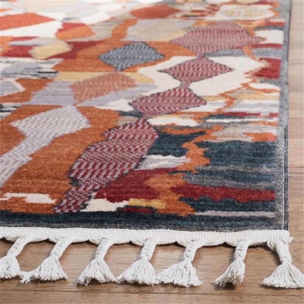 Farmhouse Collection Orange / Navy FMH853P Boho Moroccan Tribal Tassel Area Rug