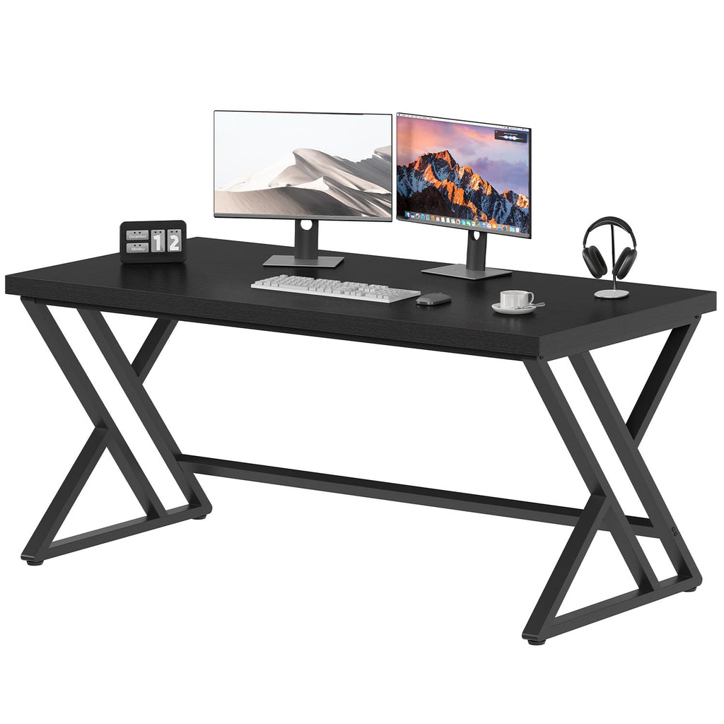 55 Inch Black Modern Computer Office Desk Metal & Wood Writing Desks
