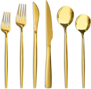 Silverware Set 48-Piece Gold Flatware Set with Steak Knives Food-Grade Stainless Steel Cutlery Set for 8 Mirror