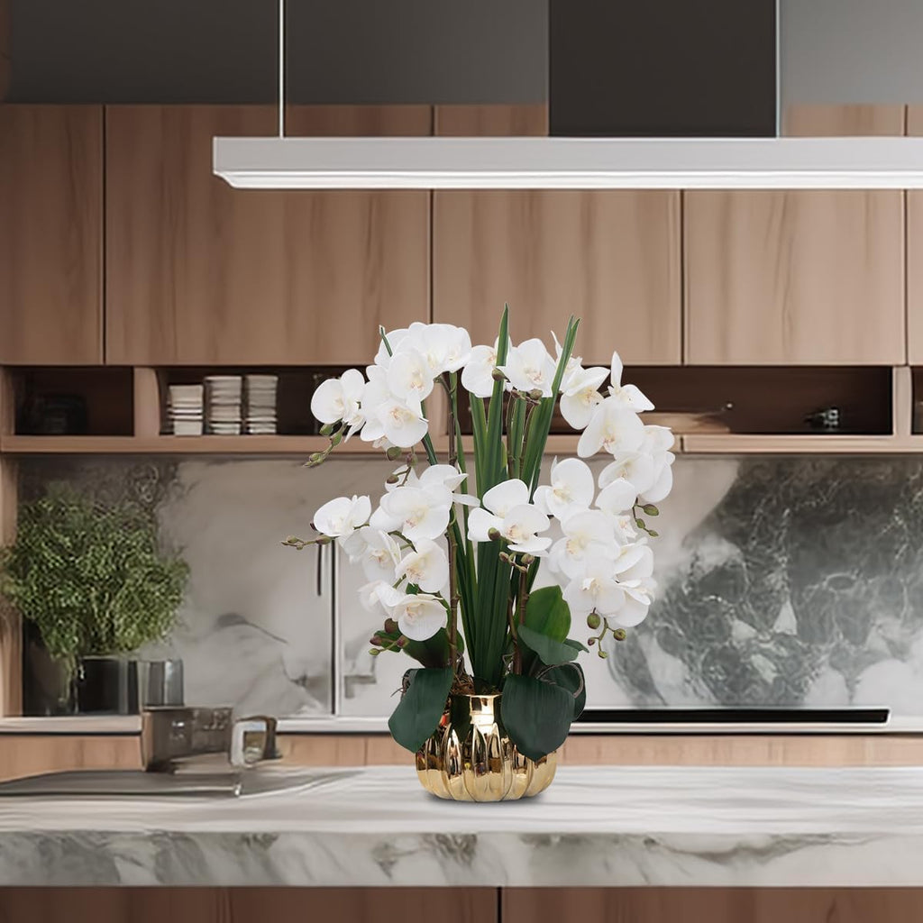 Artificial Orchid Flower Real Touch Faux Orchids in Ceramic Vase Large 22.9'' Fake Flowers White Phalaenopsis Floral