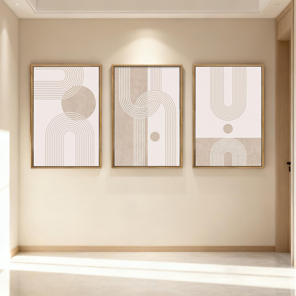 Extra Large Neutral Boho Abstract Canvas Wall Art Set of 3 Framed Mid Century Modern Wall Decor Beige Geometric Line