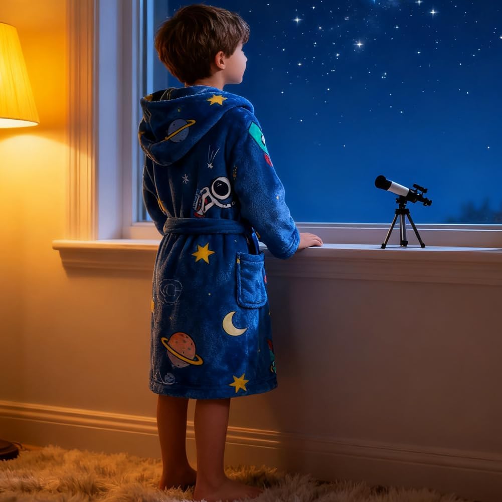 Boys Girls Robe Soft Fleece Hooded Bathrobe for Kids