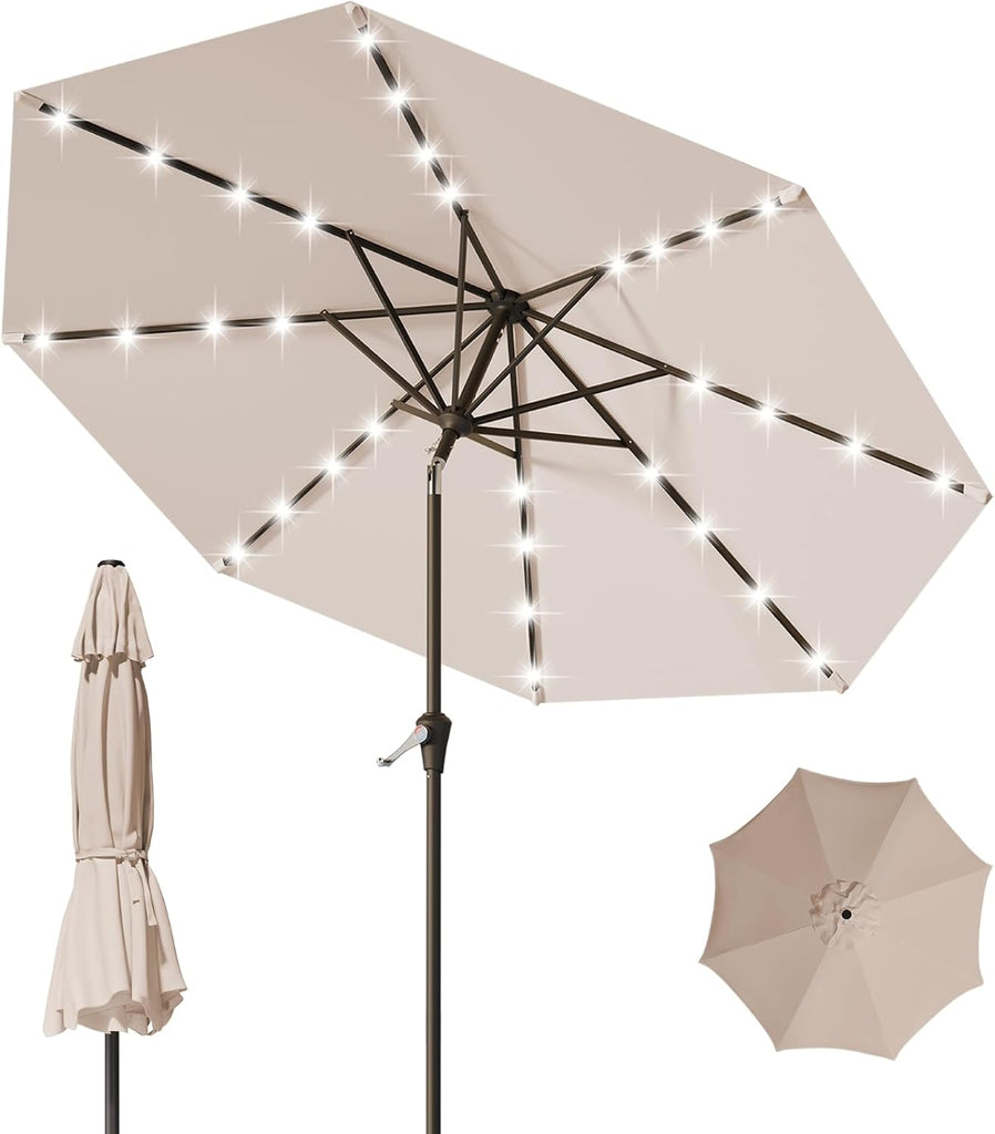 9FT Patio Umbrella with Solar Lights,Outdoor Market Umbrella with Tilt and Crank