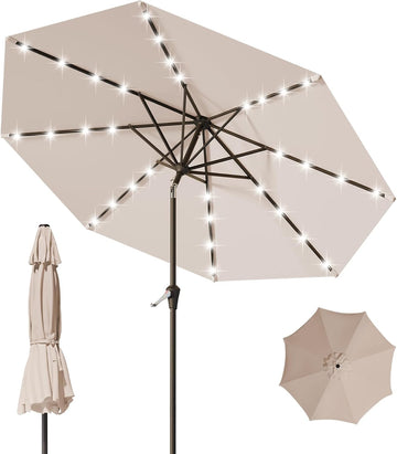 9FT Patio Umbrella with Solar Lights,Outdoor Market Umbrella with Tilt and Crank