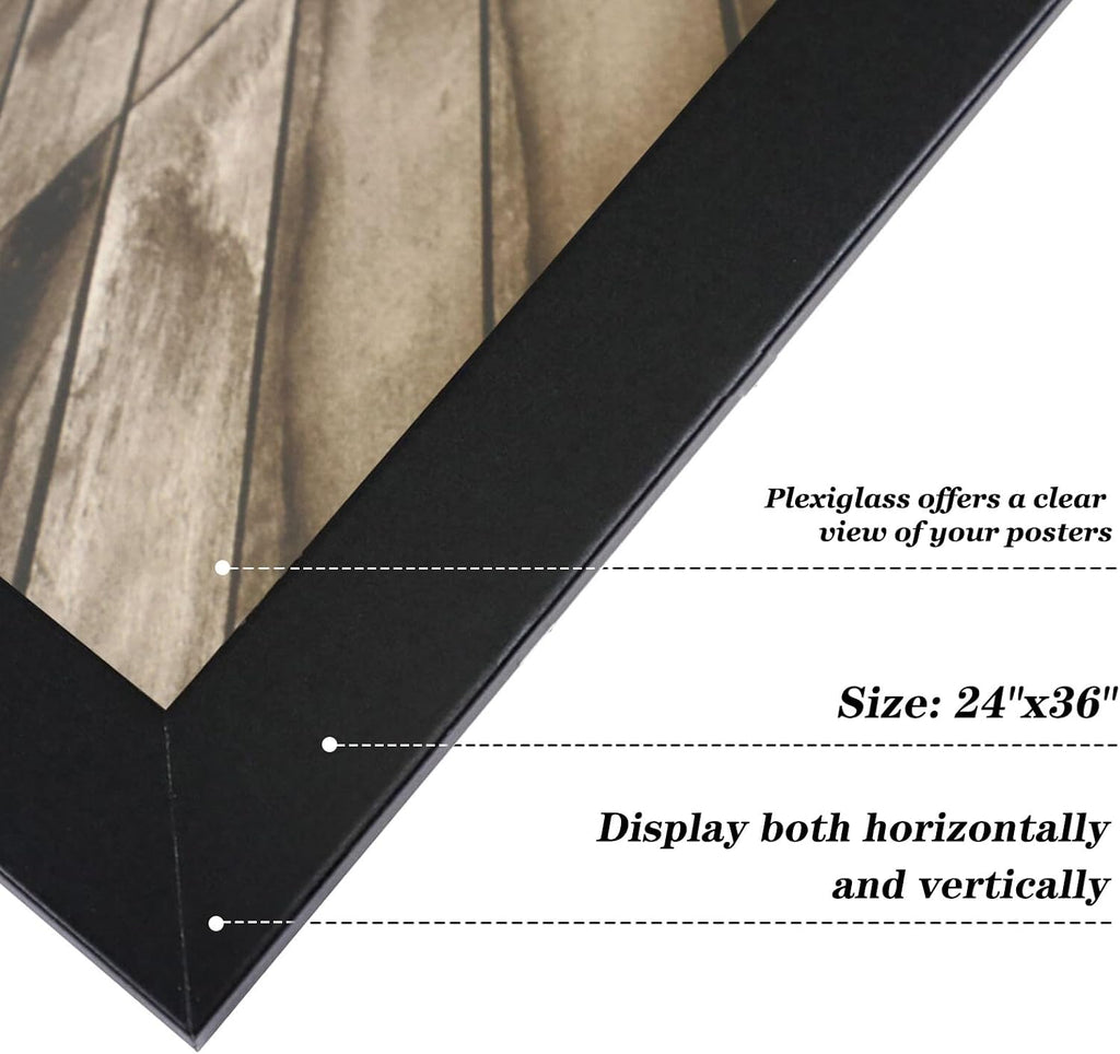 24" x 36" Poster Frame with Wood and Plexiglass, 1 Pack Black | Horizontal or vertical display, wall-mount ready