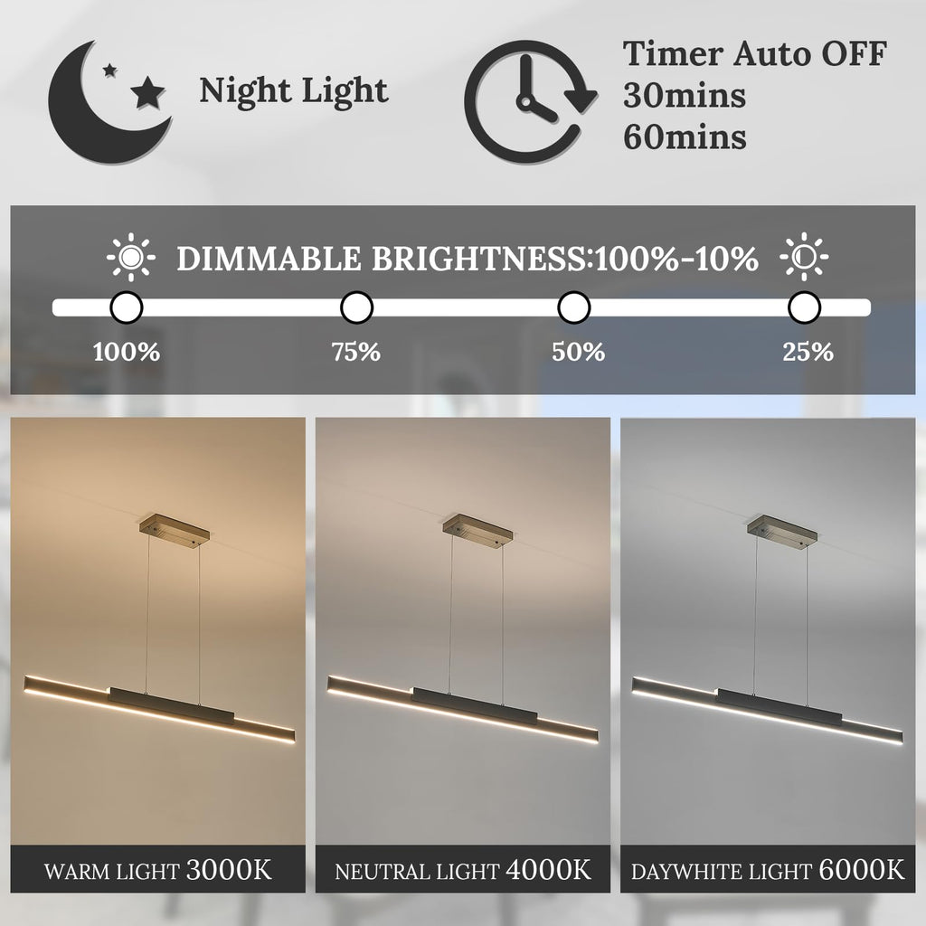 LED Linear Pendant Light 52in Brushed Nickel Chandelier Dimmable