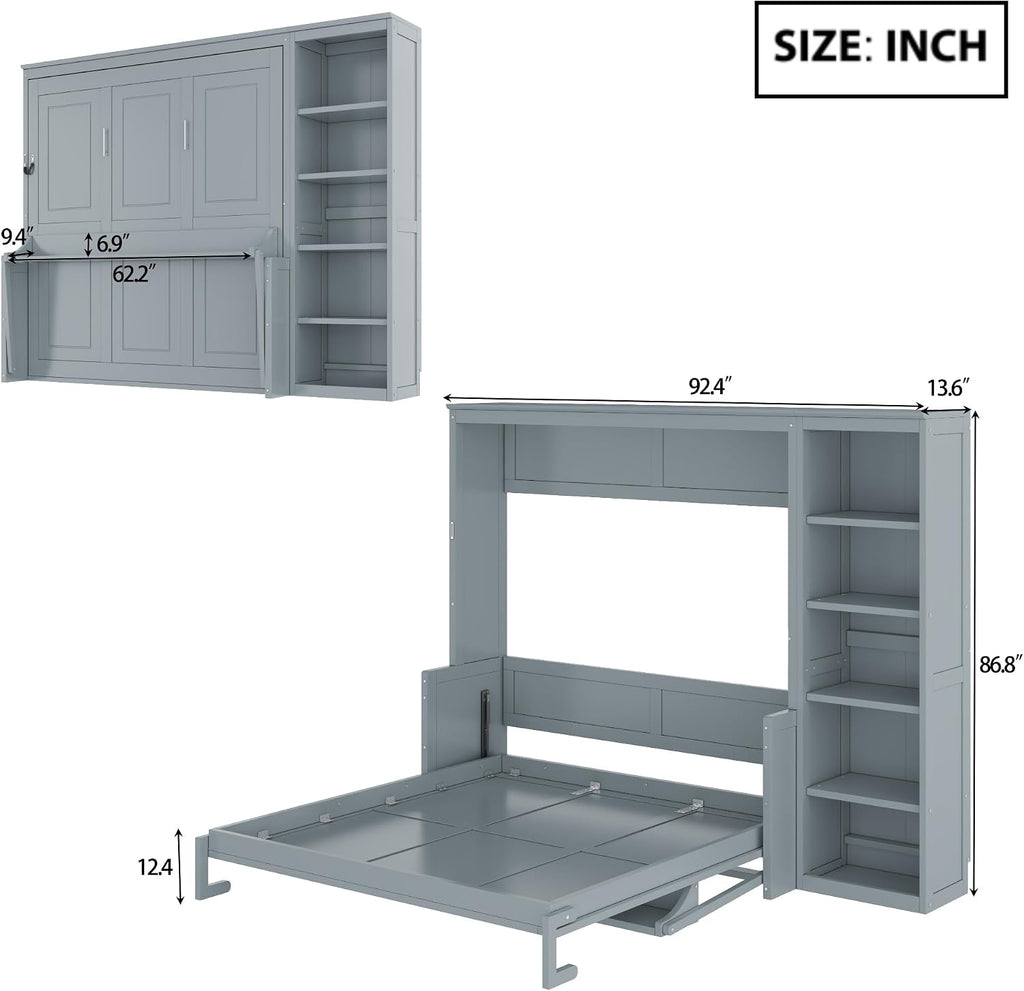 Queen Murphy Bed with Desk, Space Saving Wall Bed Queen with Bookshelf, Storage Shelves, Wood Slats, No Box Spring