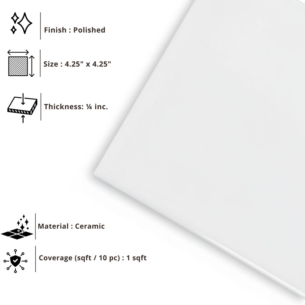 4.25x4.25 Inch Glossy White Ceramic Wall Tile by - Box of 10 Pieces (1 Sq Ft) for Classic Kitchen Backsplash