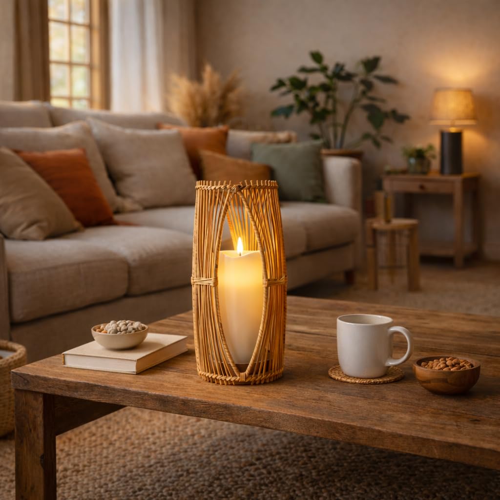 Handmade Boho Rattan Lantern - Rattan Lantern with Metal Frame for Indoor and Outdoor Home Decor, Decorative
