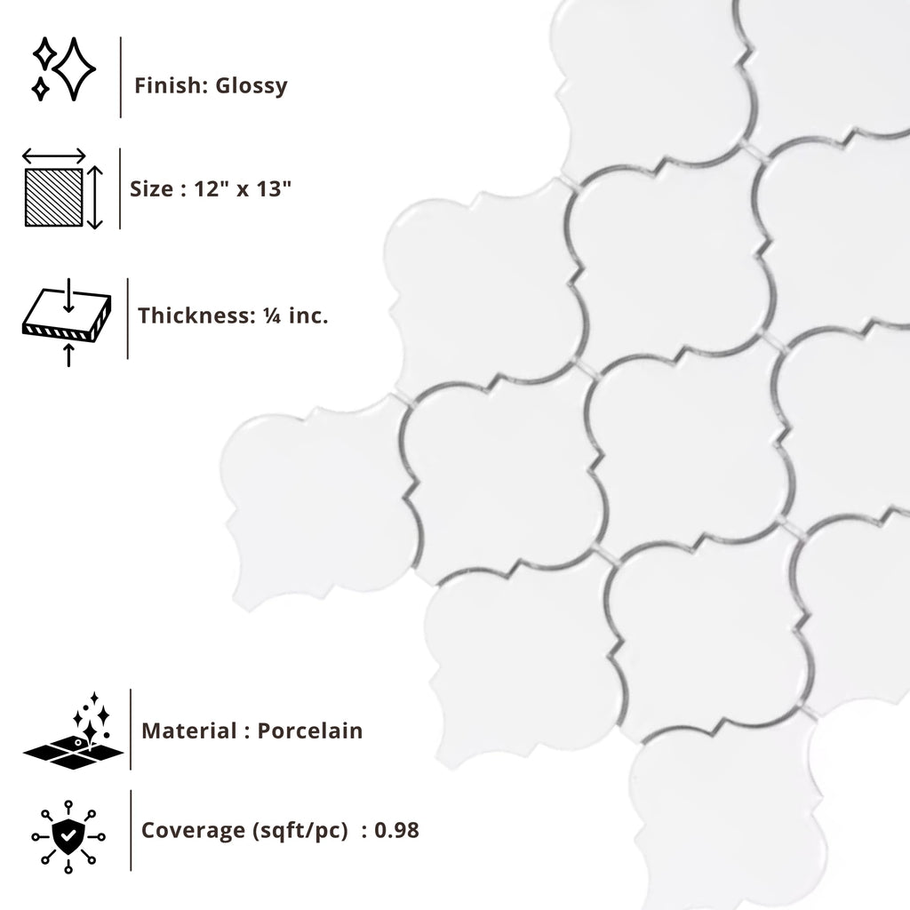 Crystal Glow Glossy White Arabesque Porcelain Mosaic Tile 12x13 in Backsplash Bathroom Wall Shower Fireplace Accent
