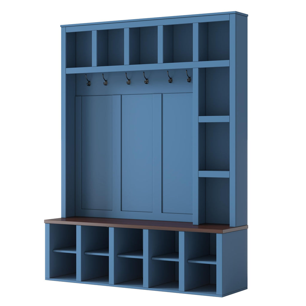 Hall Tree with Bench & Shoe Storage, Farmhouse Wood Coat Rack, Blue