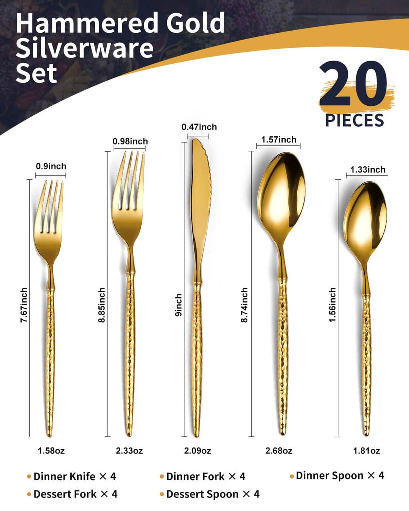 20-Piece Hammered Gold Silverware Set,18/10 Stainless Steel Forging Heavy Duty Cutlery Set for 4, Luxury Unique