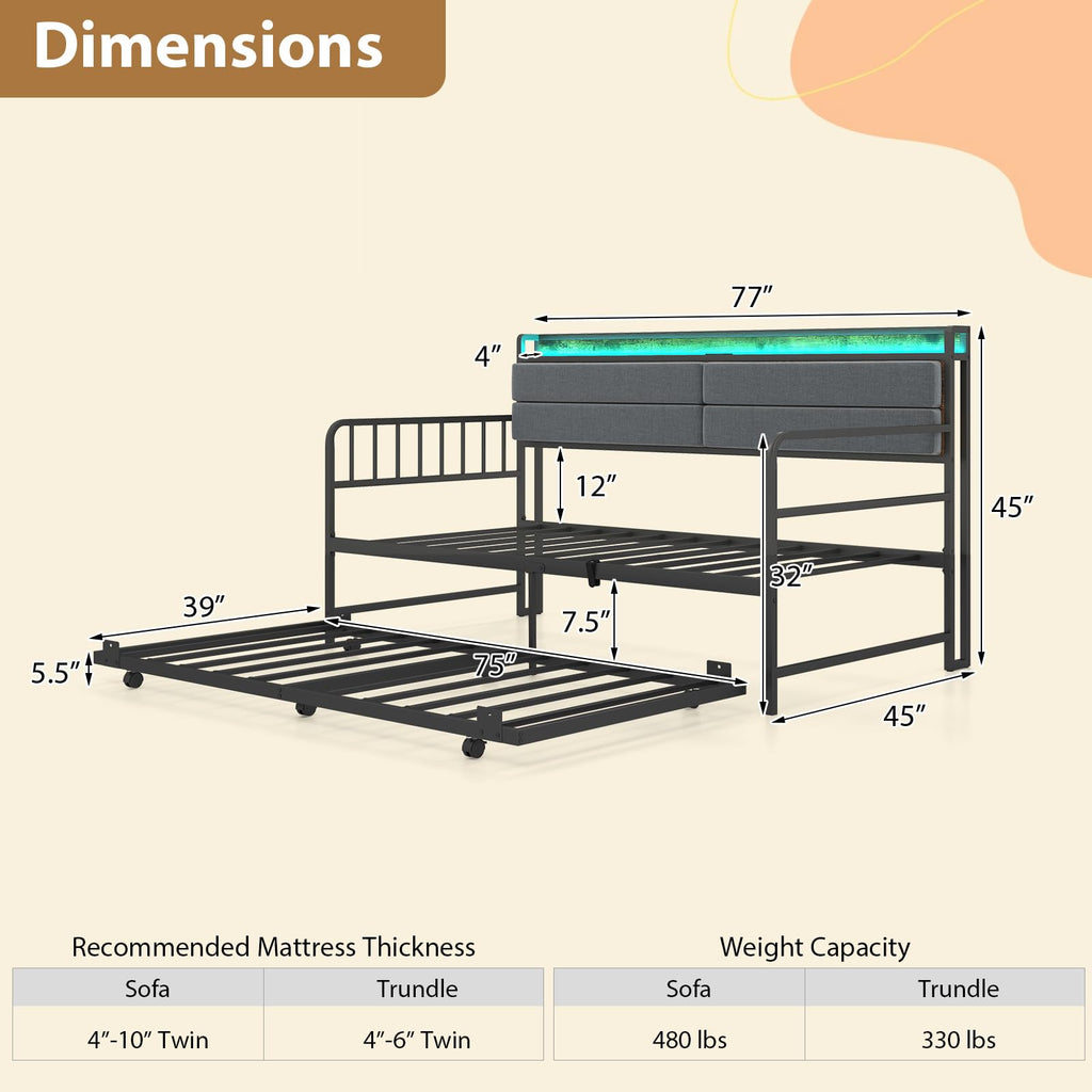 Twin Size Daybed with Trundle & LED Light, Metal Bed Frame with Upholstered Storage Headboard & Charging Station