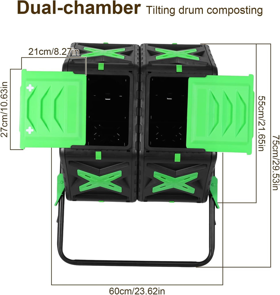 140L Dual Chamber Efficient Outdoor Compost Bin with Sliding Door 360 | Large Durable Plastic Dual Chamber Composter