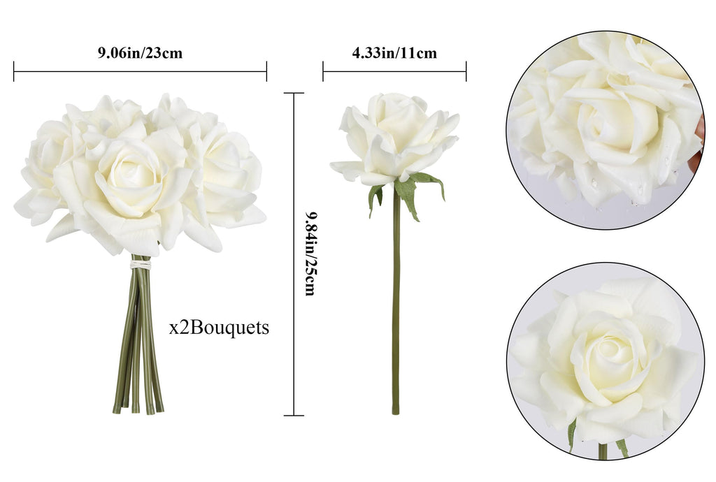 White Roses Artificial Flowers, 2 Bouquets 10PCS Real Touch Faux Roses with Stems for Wedding Party Home Table