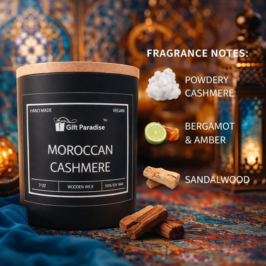 Moroccan Cashmere Soy Wax Candle - 7 oz Luxury Scented Candle with Crackling Wooden Wick, Warm Amber, Cashmere & Soft