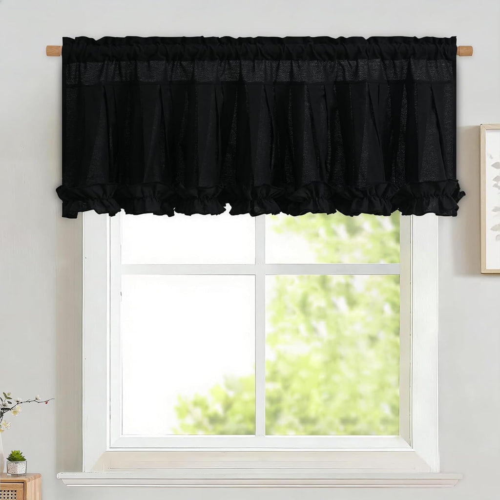 Black linen ruffle valance for windows - Casa Home Living