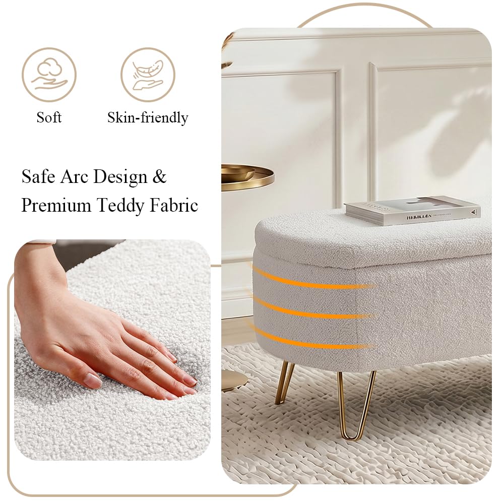 Modern Storage Ottoman Bench, Teddy Upholstered Entryway Bench with Gold Legs, Vintage End of Bed Bench with Safety