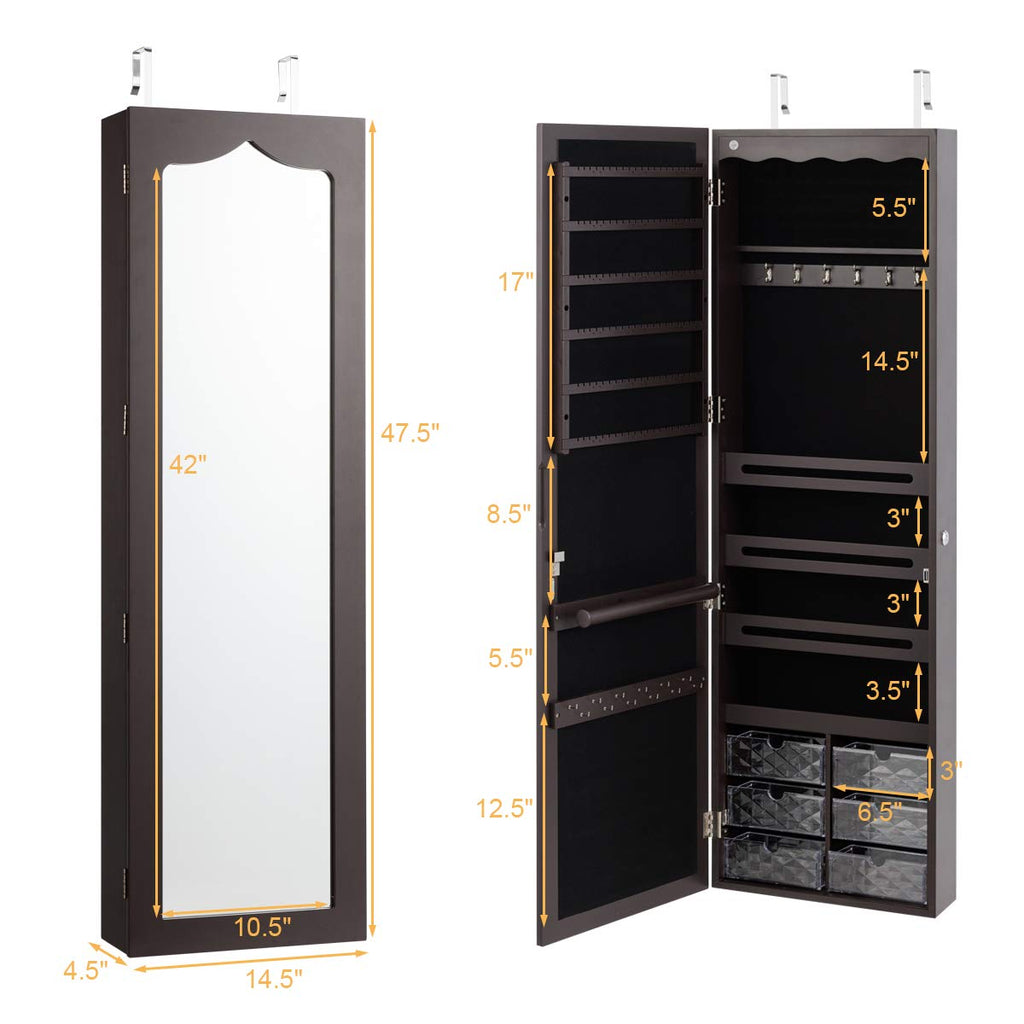 5 LEDs Jewelry Armoire Wall or Door Mounted, Full Length Mirror