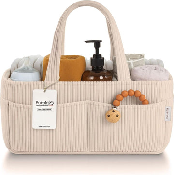 Baby Diaper Caddy Organizer, Nursery Basket (Cream, Corduroy)