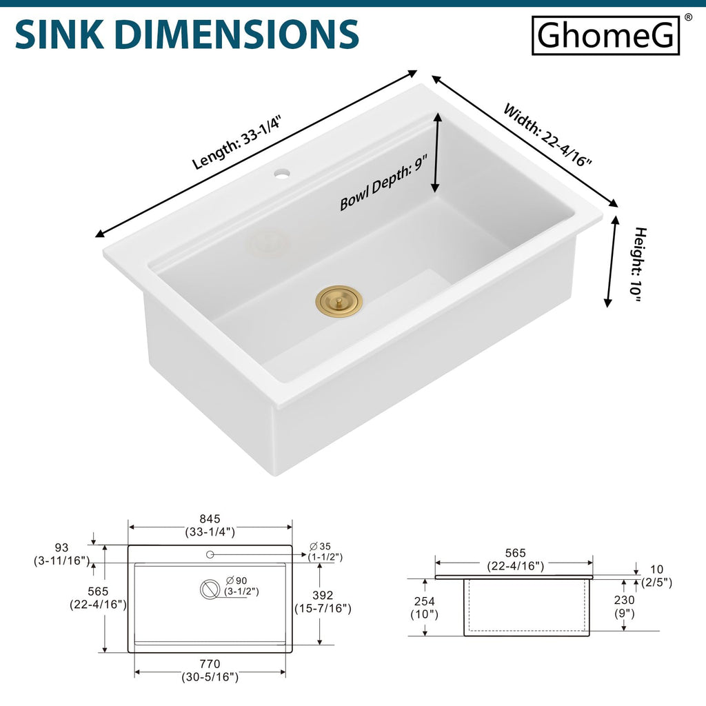 33 White Kitchen Sink Workstation Drop In Ceramic Single Bowl Sink