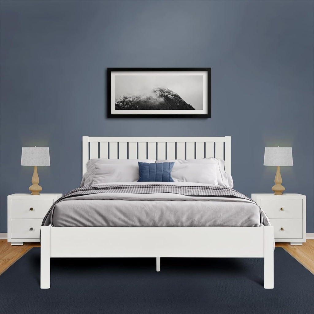 Shiplap Texture Solid Wood Queen Bed Frame, White