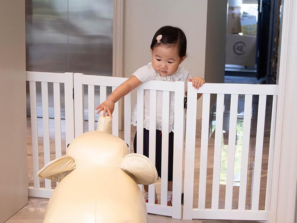 Wooden Free Standing Dog Gate, White Step-Over Pet Barrier