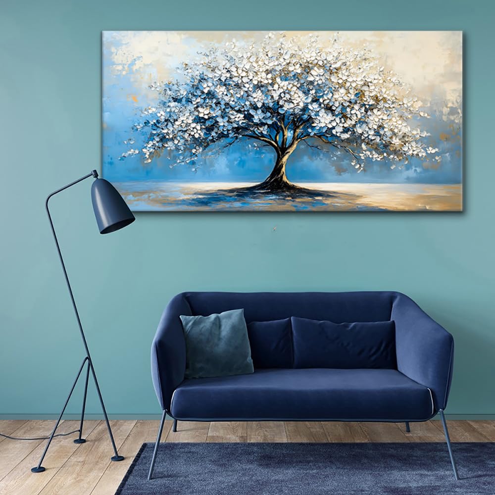 Contemporary Tree of Life Wall Art Office Navy Blue White Floral Canvas Painting Prints Nature Artwork over the Couch