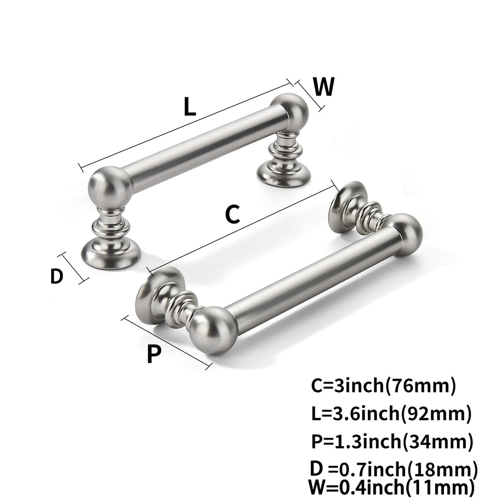 2 Pack 3 inch(76mm) Hole Center Brushed Nickel Cabinet Pulls Solid Heavy-Duty Satin Nickel Kitchen Cabinet Hardware