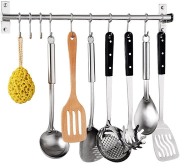 Stainless Steel Kitchen Sliding Rail Hanging Rack, 23.6 Inch Wall Mount Utensil Organizer with 10 Removable S Hooks