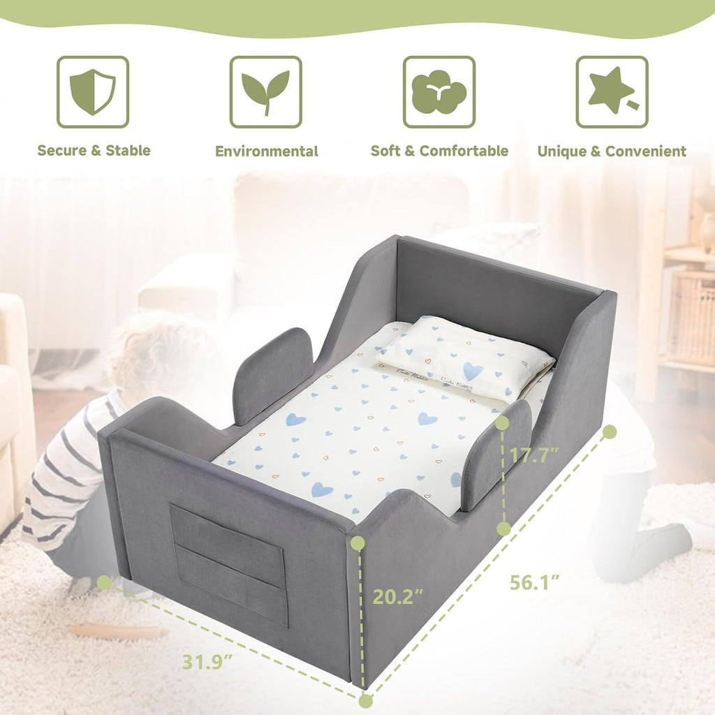 Toddler Floor Bed with Removable Safety Rails and Storage Bag, Kids Bed for Girl and Boys, Standard Crib Size, Safety