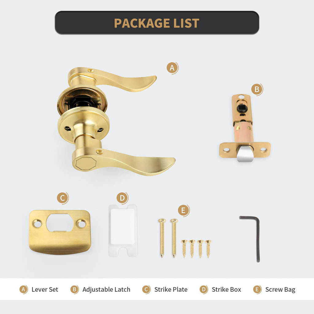 Brushed Gold Wave Style Passage Door Handle Without Keys, Non-Locking Door Lever /Closet in Satin Brass Finish, No