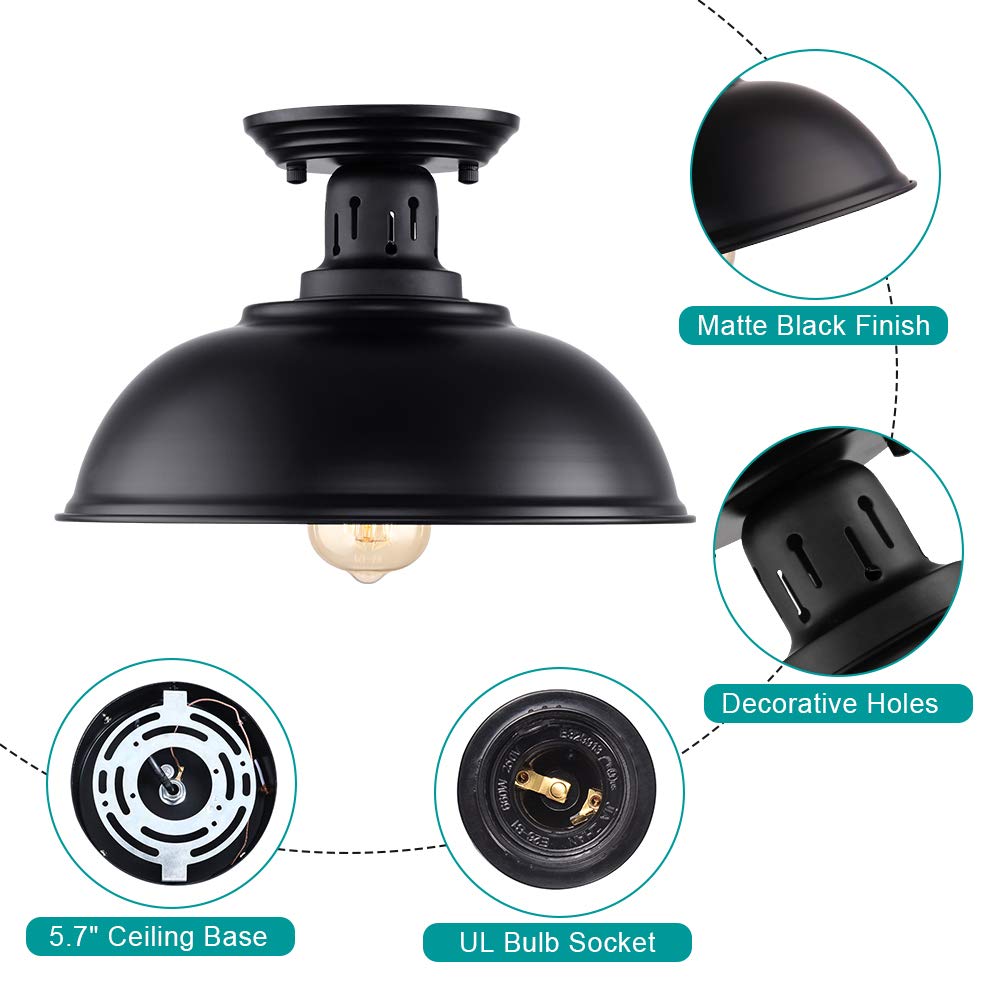 Semi Flush Mount Ceiling Light Fixture, Farmhouse Light Fixtures, Black Outdoor Close to Ceiling Light for Porch