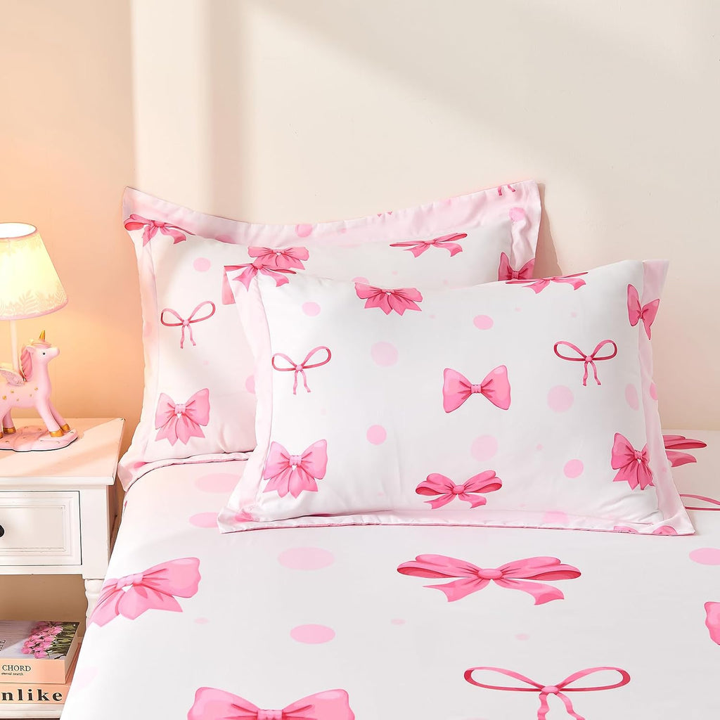 7 Piece Pink Bow Bedding Set for Girls Kids Twin Comforter Set with Sheet and 2 Pillowcases 2 Pillow Shams Cute Girls