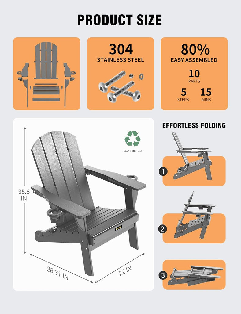 Folding Adirondack Chair, Wooden Textured Plastic Adirondack Chairs with 2 Cup Holder, Weather Resistant HDPE Fire